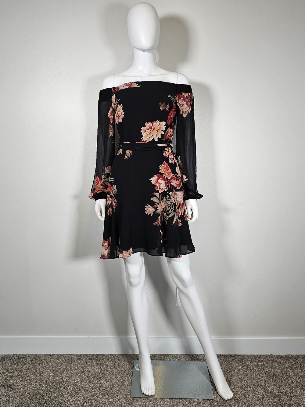 le chateau Black Off-Shoulder Floral Dress with Pink & Peach Blooms Sz XS